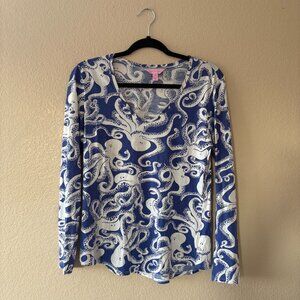 Lilly Pulitzer Top Octopus Pattern Size M Blue Long Sleeve 100% Pima Cotton